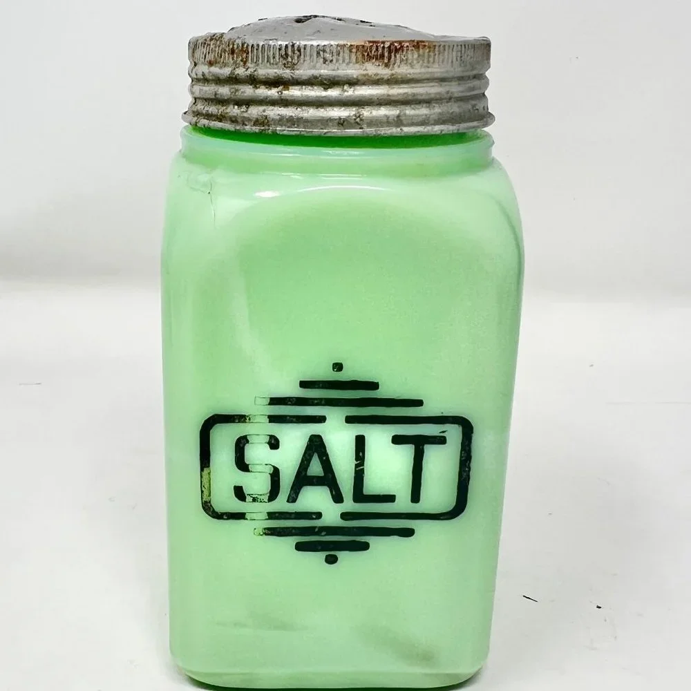 McKee Jadite Uranium Large Letters Glass Salt Shaker - Damaged Lid Front Graphic